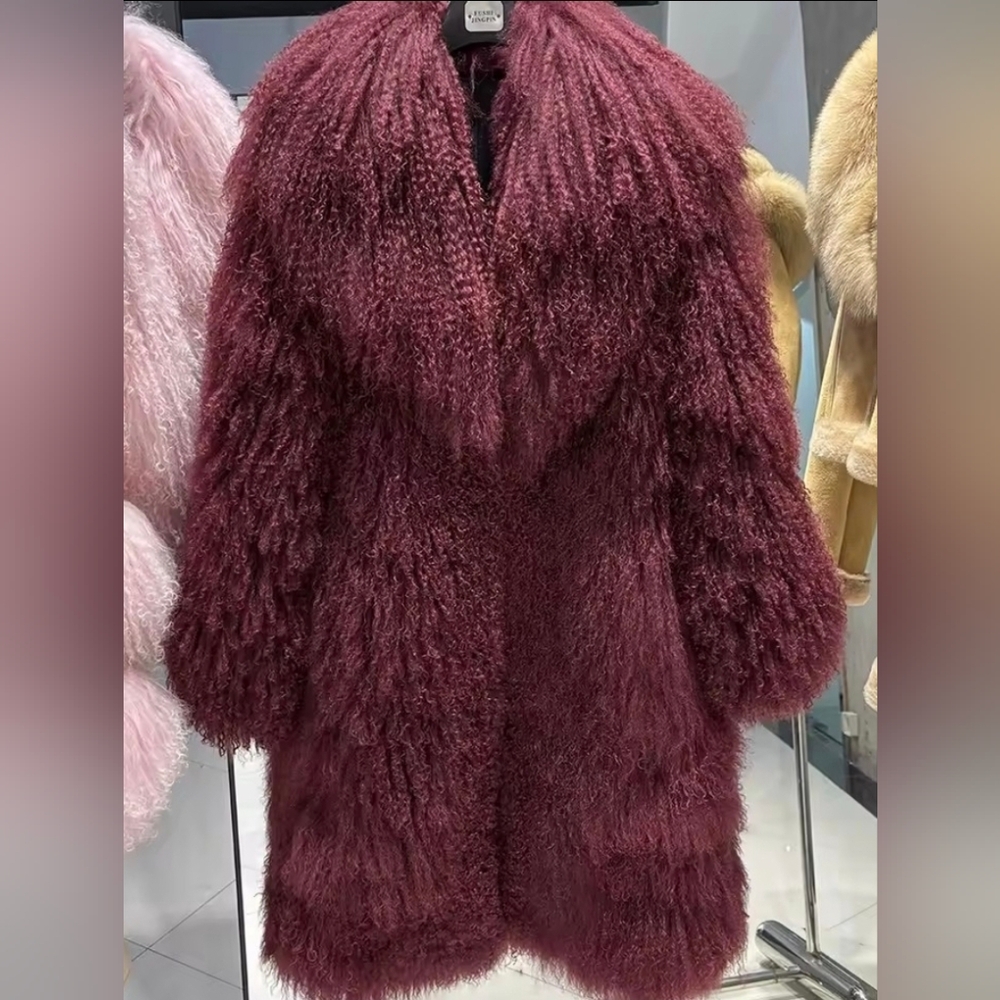 Genuine Mongolian Lamb Fur Coat - Luxurious Fur (Burgandy/Wine) - Picture 5 of 15